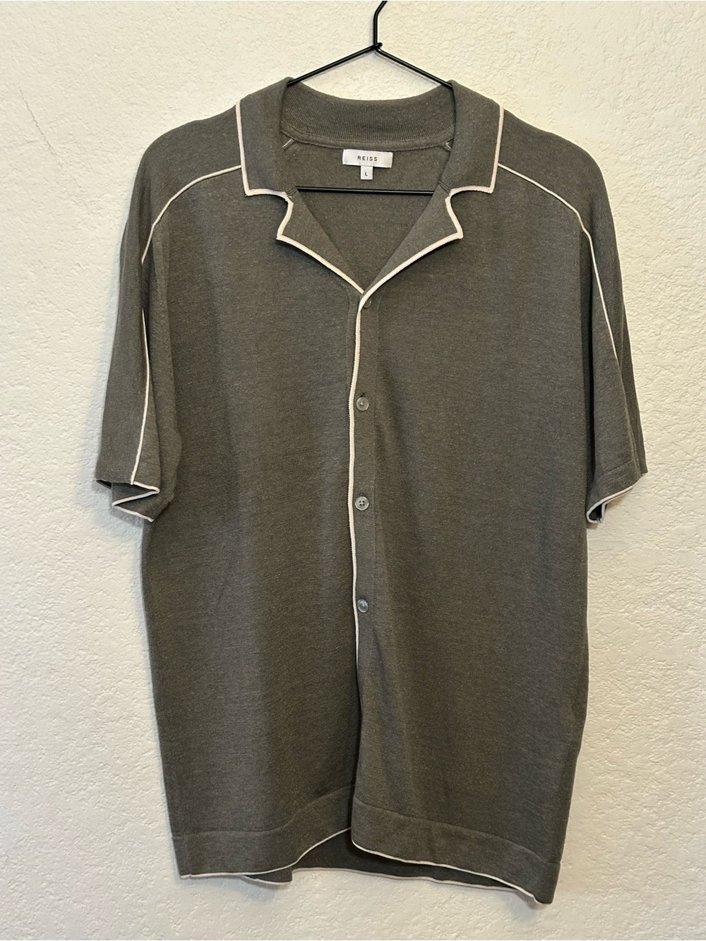 REISS Men's linen blend knit camp shirt with cream trim